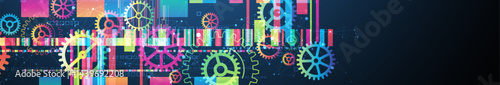 Abstract technological background with colored gears and multicolored rectangles and plexus effect. Vector