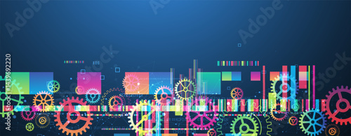 Abstract technological background with colored gears and multicolored rectangles and plexus effect. Vector