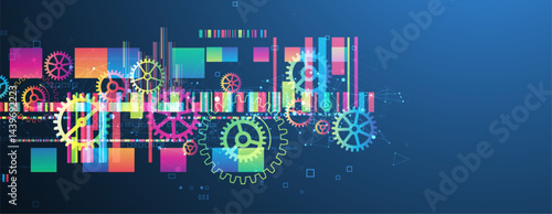 Abstract technological background with colored gears and multicolored rectangles and plexus effect. Vector