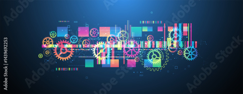 Abstract technological background with colored gears and multicolored rectangles and plexus effect. Vector