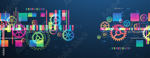 Abstract technological background with colored gears and multicolored rectangles and plexus effect. Vector