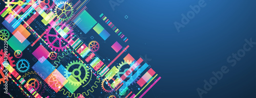 Abstract technological background with colored gears and multicolored rectangles and plexus effect. Vector