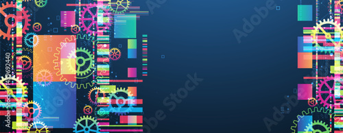 Abstract technological background with colored gears and multicolored rectangles and plexus effect. Vector