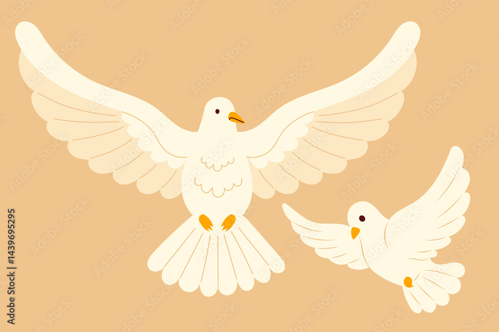 Fototapeta premium Two White Dove of Peace and Spirit. Religious Symbol Holy Spirit of Catholic or Christian Culture. Holiday Biblical Series. Vector Illustration. Isolated flying bird on beige background