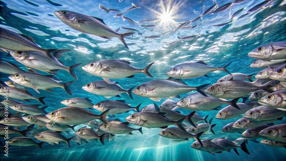 A school of silvery fish swimming in a sunlit ocean, creating a mesmerizing underwater scene with vibrant blue hues and sparkling water A school of silvery fish swimming in a sunlit ocean, creating a mesmerizing underwater scene with vibrant blue hues and sparkling water