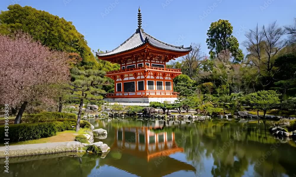 Vibrant Orange Pagoda Reflected in Pond Surrounded by Lush Greenery Cherry Blossoms and Blue Sky in Japan Vibrant Orange Pagoda Reflected in Pond Surrounded by Lush Greenery Cherry Blossoms and Blue Sky in Japan