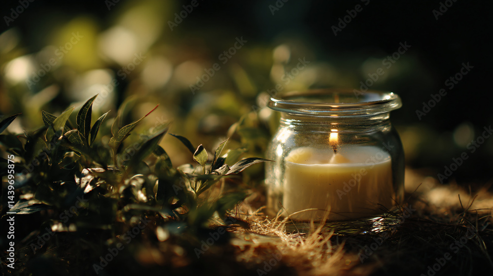 Cream-colored candle in a glass jar on a natural background.