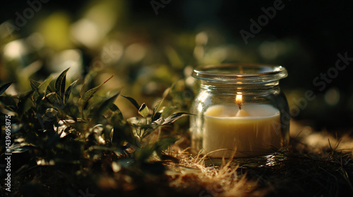 Cream-colored candle in a glass jar on a natural background.