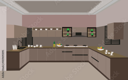Modern kitchen interior with utensils, fruits, and a gas stove on a countertop