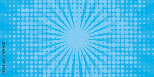 Comic background. Pop art texture. Starburst cartoon style. Anime design with explosion effect for print. Fun dot pattern. Blue backdrop with halftone gradient.