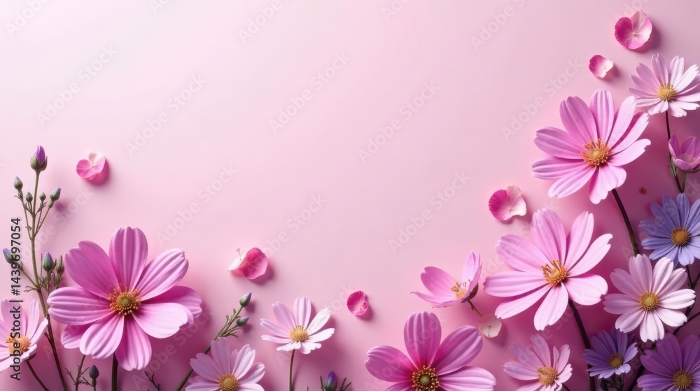 Naklejka premium Delicate Pink and Purple Blossoms Arranged on a Soft Pink Background, Creating a Charming Floral Border and a Serene Atmosphere