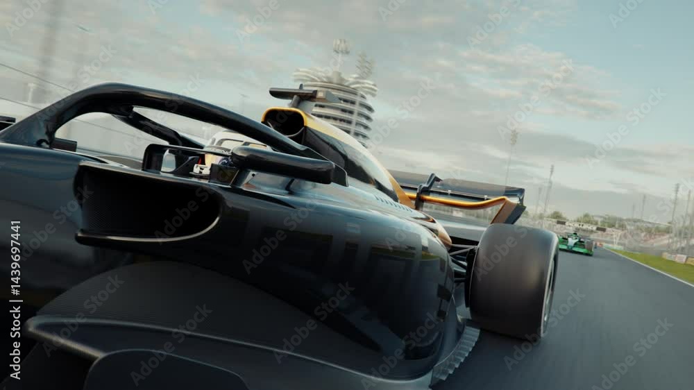 Dynamic low angle front view shot of a generic formula one race car racing along the homestretch over the finish line. 3D animation rendering. New 2025 black and gold race car design