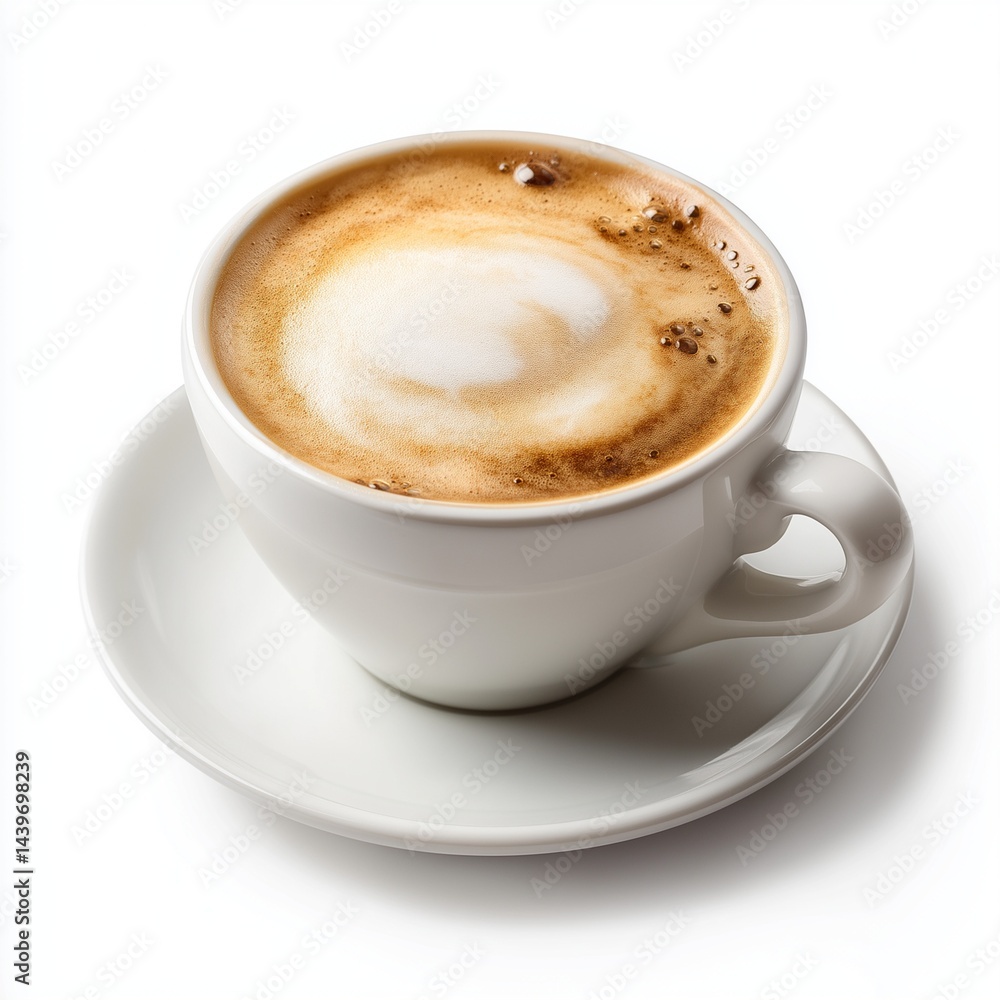 delicious cappuccino served in white ceramic cup with saucer isolated on white background delicious cappuccino served in white ceramic cup with saucer isolated on white background