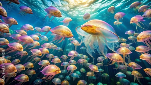 Sunlit Ocean Depths A Symphony of Shimmering Fish and Luminescent Jellyfish in a Vibrant Underwater Ballet