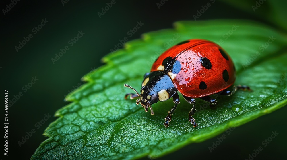Close-up view of a ladybug on a vibrant green leaf. Close-up view of a ladybug on a vibrant green leaf.
