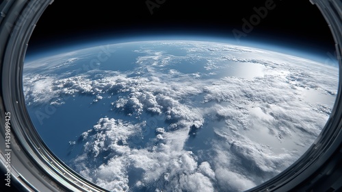 Fototapeta Naklejka Na Ścianę i Meble -  A panoramic view of Earth as seen through a large space station portal, showcasing the curvature and atmospheric details - galaxy beauty blue globe vastness