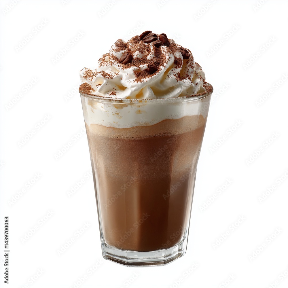delightful iced coffee with whipped cream and cocoa powder isolated on white background delightful iced coffee with whipped cream and cocoa powder isolated on white background