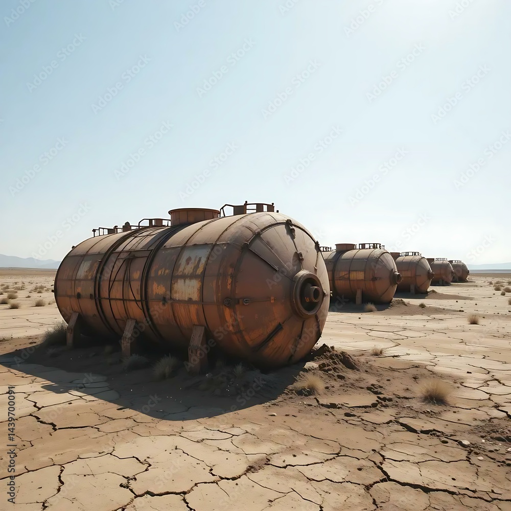 Dilapidated Army Fuel Depot Tanks In Remote Sun-Scorched Wasteland Dilapidated Army Fuel Depot Tanks In Remote Sun-Scorched Wasteland