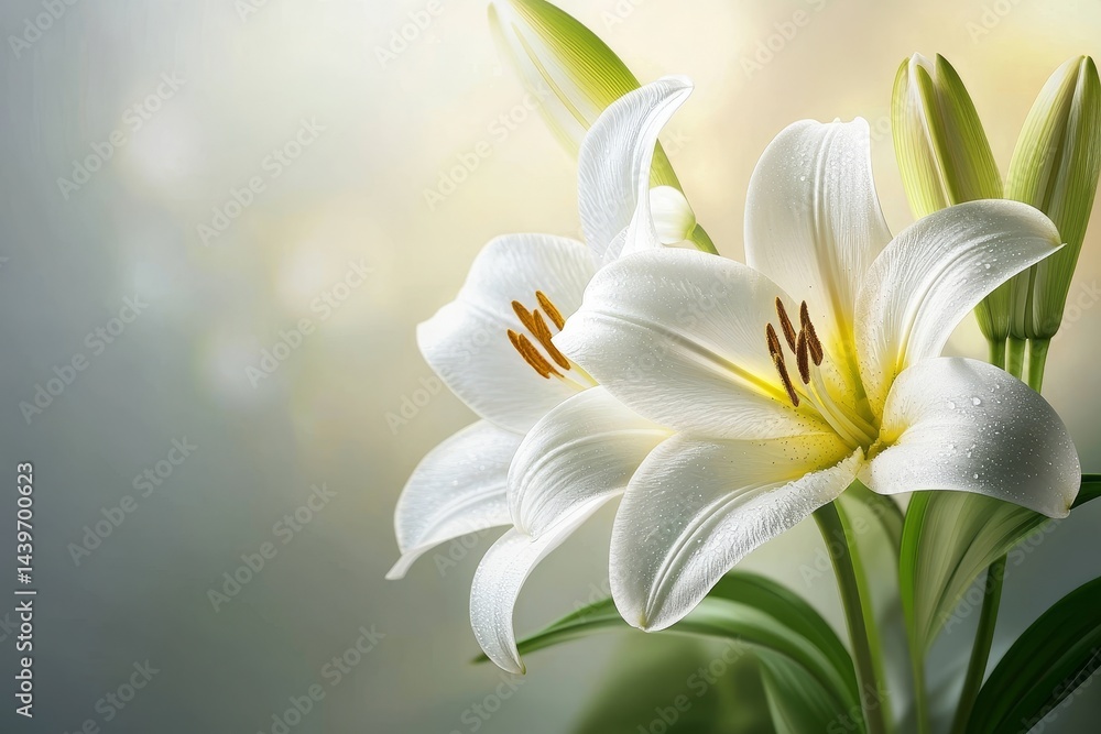 Fototapeta premium Delicate white lilies in soft sunlight.