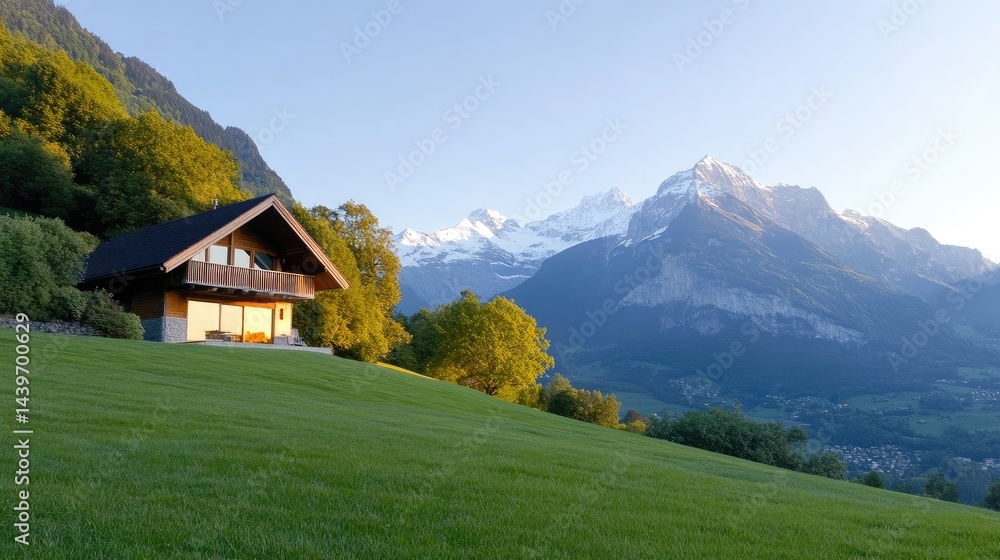 Alpine chalet nestled in a grassy meadow with majestic mountains in the background Alpine chalet nestled in a grassy meadow with majestic mountains in the background