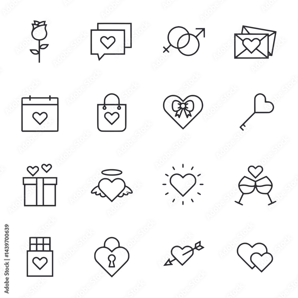 A set of Valentine's Day icons including hearts, a key, a bag, a box, a rose A set of Valentine's Day icons including hearts, a key, a bag, a box, a rose