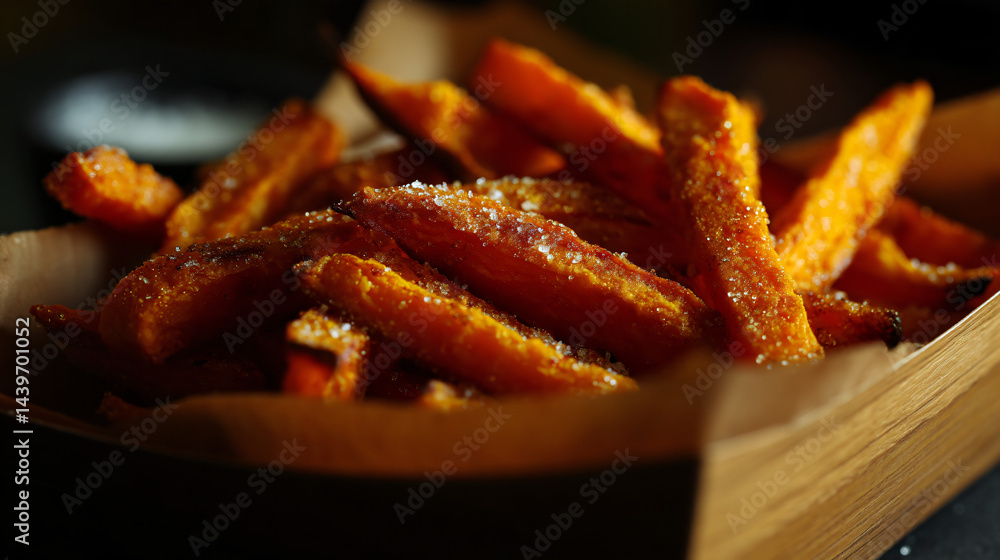 Crispy sweet potato fries in a cardboard box