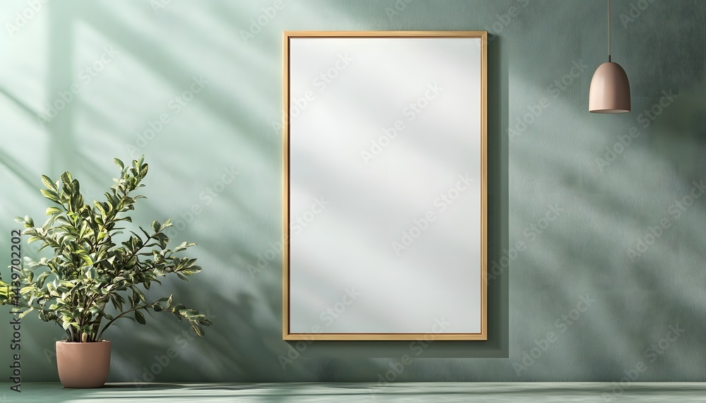 A minimalist interior featuring wall art and a potted plant