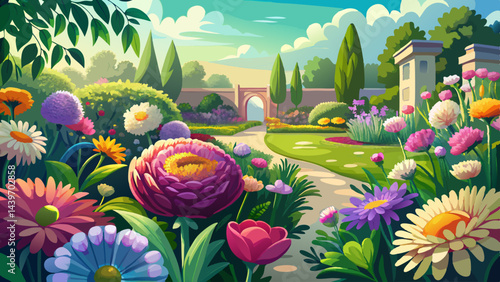 Beautiful flower garden with blooming asters and different flowers in sunlight