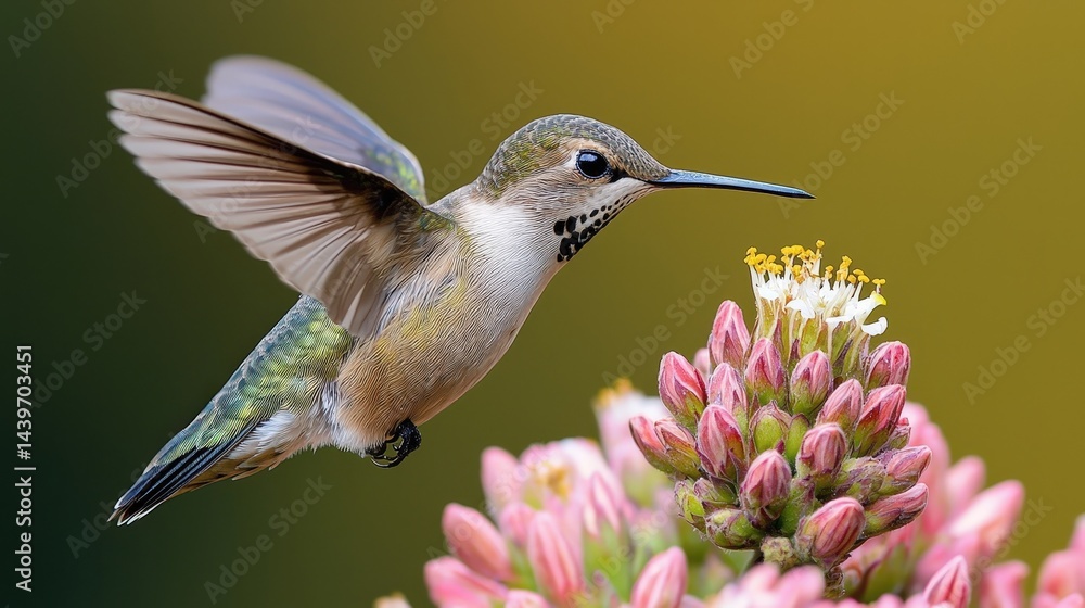 Close-up view of a hummingbird in flight near a flower cluster.