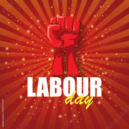 1 may Happy labour day vector label with strong protest fist in the air on vintage red rays background. vector happy labor day background or banner with man hand. workers may day poster