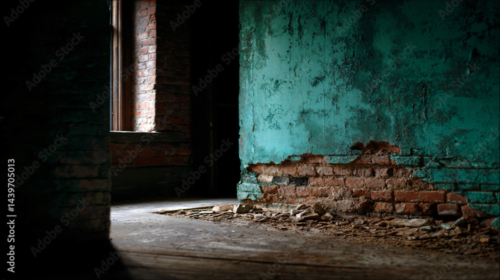 Crumbling teal wall reveals red brick beneath in an empty room.