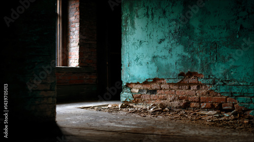 Obraz na płótnie Crumbling teal wall reveals red brick beneath in an empty room. w salonie