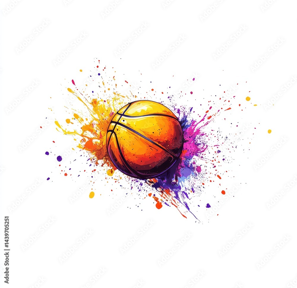 Vibrant basketball engulfed in colorful paint splatters Vibrant basketball engulfed in colorful paint splatters