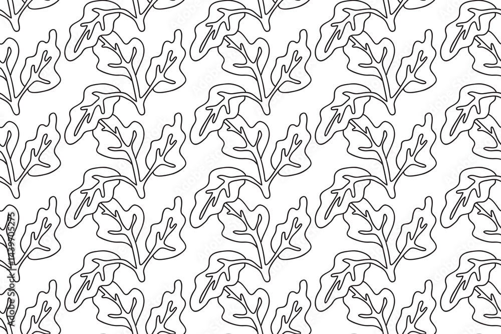 Fototapeta premium Line art floral seamless pattern with tropical leaves vector illustration. Hand drawn outline repeating foliage in white background. Graphic design for Cover Textile Fashion Birthday Wedding Greeting