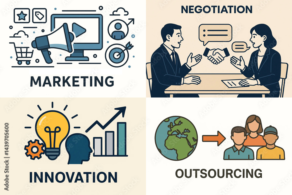 business icons in a minimalistic style, explain basic terms of finance