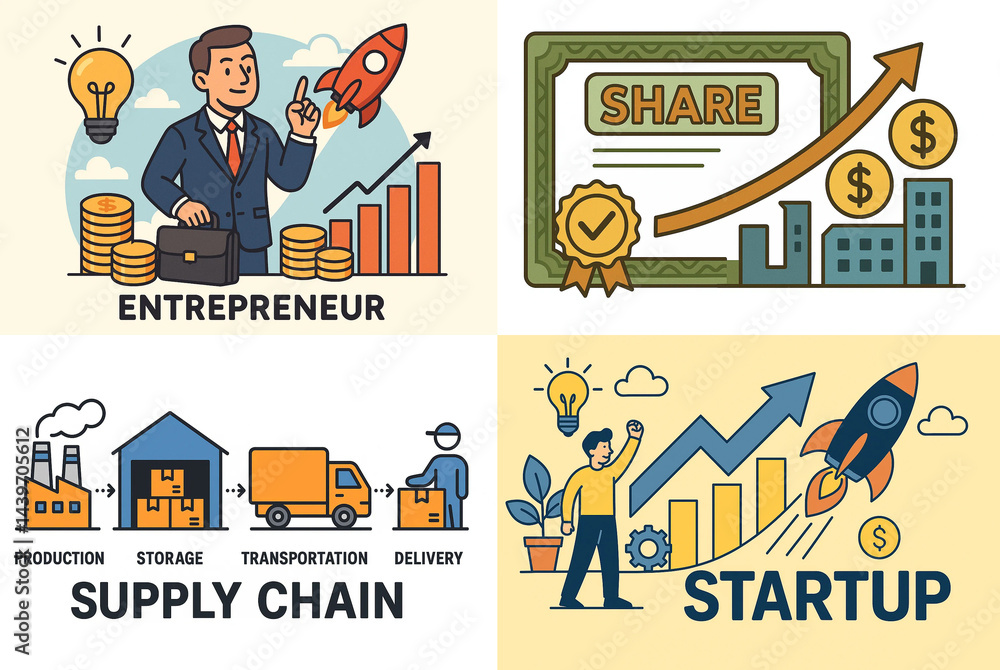 business icons in a minimalistic style, explain basic terms of finance