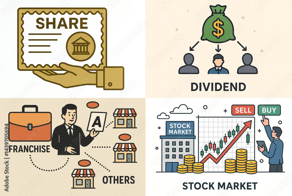 business icons in a minimalistic style, explain basic terms of finance