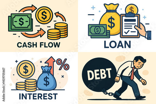 business icons in a minimalistic style, explain basic terms of finance 