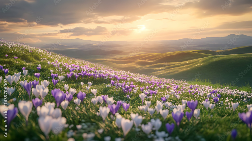 Fototapeta premium Sunset over Crocus Flower Meadow Rolling Hills Landscape