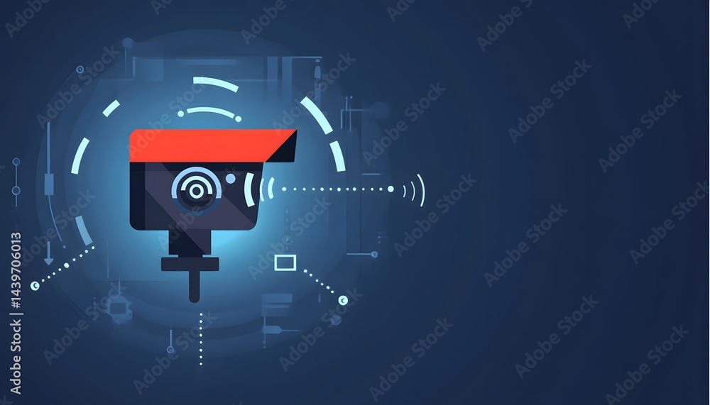 A flat illustration depicts a security camera with a wireless signal