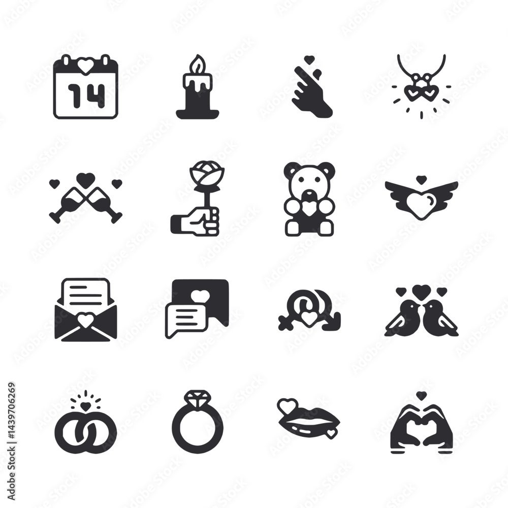 A set of black and white icons for Valentine's Day A set of black and white icons for Valentine's Day
