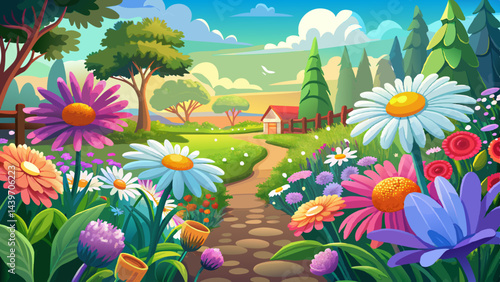 Beautiful flower garden with blooming asters and different flowers in sunlight