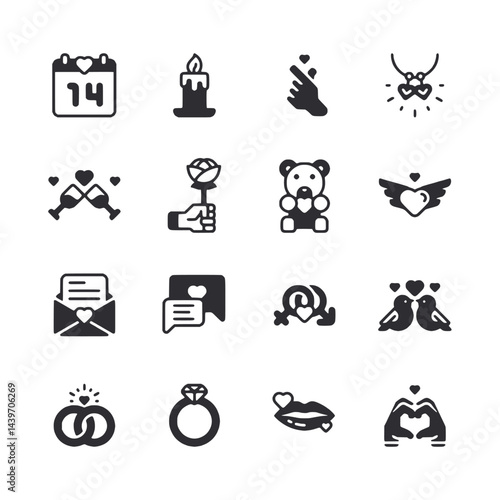 A set of black and white icons for Valentine's Day