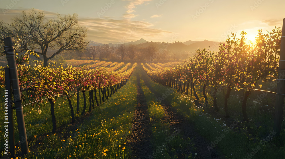 Naklejka premium Sunlit Vineyard Rows at Sunrise: Picturesque Countryside Landscape