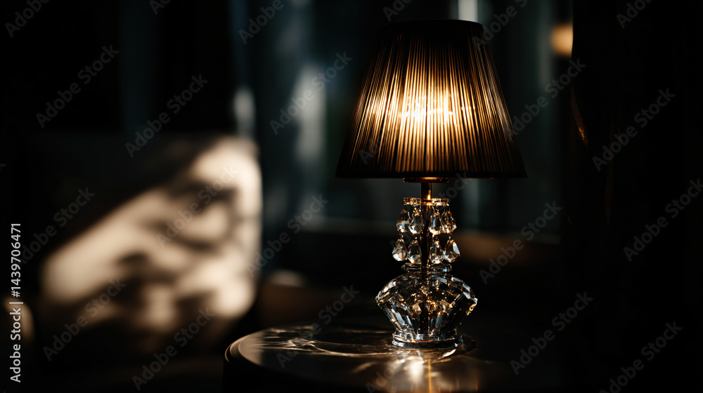 Crystal table lamp casting warm light in a darkened room.