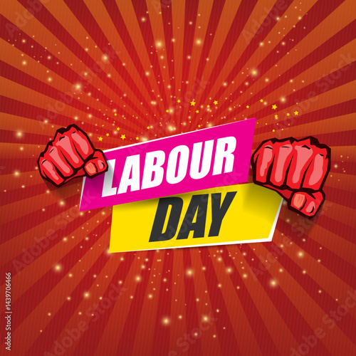 1 may Happy labour day vector label with strong protest fist in the air on vintage red rays background. vector happy labor day background or banner with man hand. workers may day poster