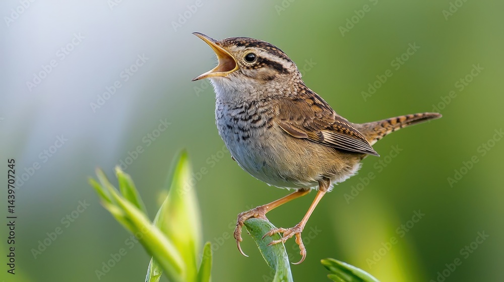 Fototapeta premium Close-up of a small bird singing in a garden.