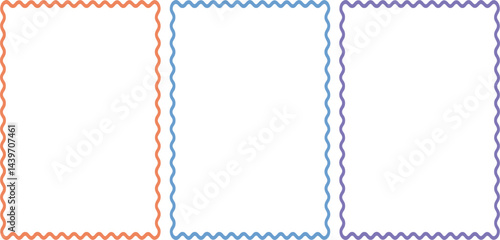 Colorful wavy line frames in orange, blue, and purple, simple hand-drawn style borders perfect for invitations, certificates, greeting cards, scrapbooking, posters, and creative design projects.
