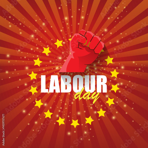 1 may Happy labour day vector label with strong protest fist in the air on vintage red rays background. vector happy labor day background or banner with man hand. workers may day poster
