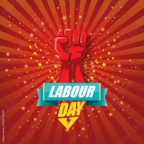 1 may Happy labour day vector label with strong protest fist in the air on vintage red rays background. vector happy labor day background or banner with man hand. workers may day poster